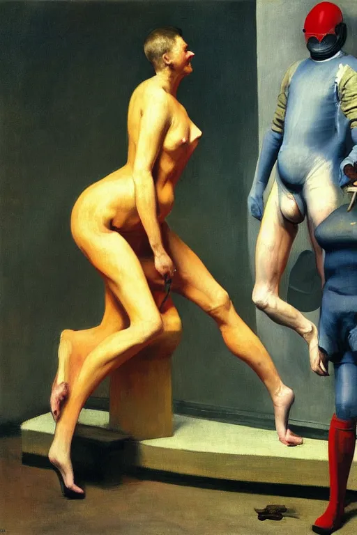 Image similar to fetish game dominantrius dressed as a horse sits on the back of a man dressed as an astronaut, highly detailed painting by francis bacon, edward hopper, adrian ghenie, gerhard richter, and james jean soft light 4 k,