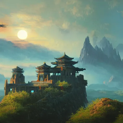 Prompt: concept art painting of a ruin of blue castle with asian influence, overlooking a valley, three suns at the sky, sunset, x - wings flying in the sky, realistic, star wars, detailed, cel shaded, in the style of greg rutkowski and albert bierstadt and james gurney