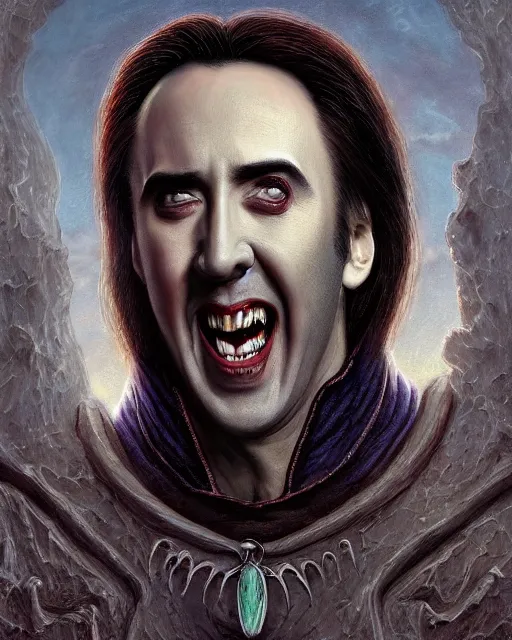 Prompt: nicolas cage as dracula, fangs, highly detailed, centered, artstation, concept art, smooth, sharp focus, illustration, bokeh art by artgerm and donato giancola and joseph christian leyendecker zdzisław beksinski