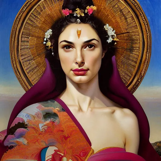 Image similar to Head and shoulders masterpiece portrait oil painting of the beautiful goddess Gal Gadot as Geisha, she is wearing roman clothes and a surreal jewelry, her hair is natural disheveled, she is approaching heaven over the clouds, naturalism, dramatic lighting, high-detailed oil painting by Ilya Repin, Michelangelo da Caravaggio, William Blake, Alex Grey and Beksinski, trending on Artsation, hystorical painting, naturalism, masterpiece, 4k, 8k,