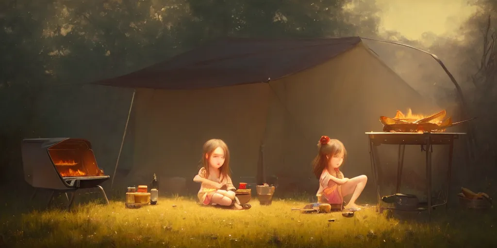 Image similar to big - eyed brunette sweet little girl looking sad in front of barbecue near tent at camp, extremely detailed digital painting, in the style of fenghua zhong and ruan jia and jeremy lipking and peter mohrbacher, mystical colors, rim light, beautiful lighting, 8 k, stunning scene, raytracing, octane, trending on artstation