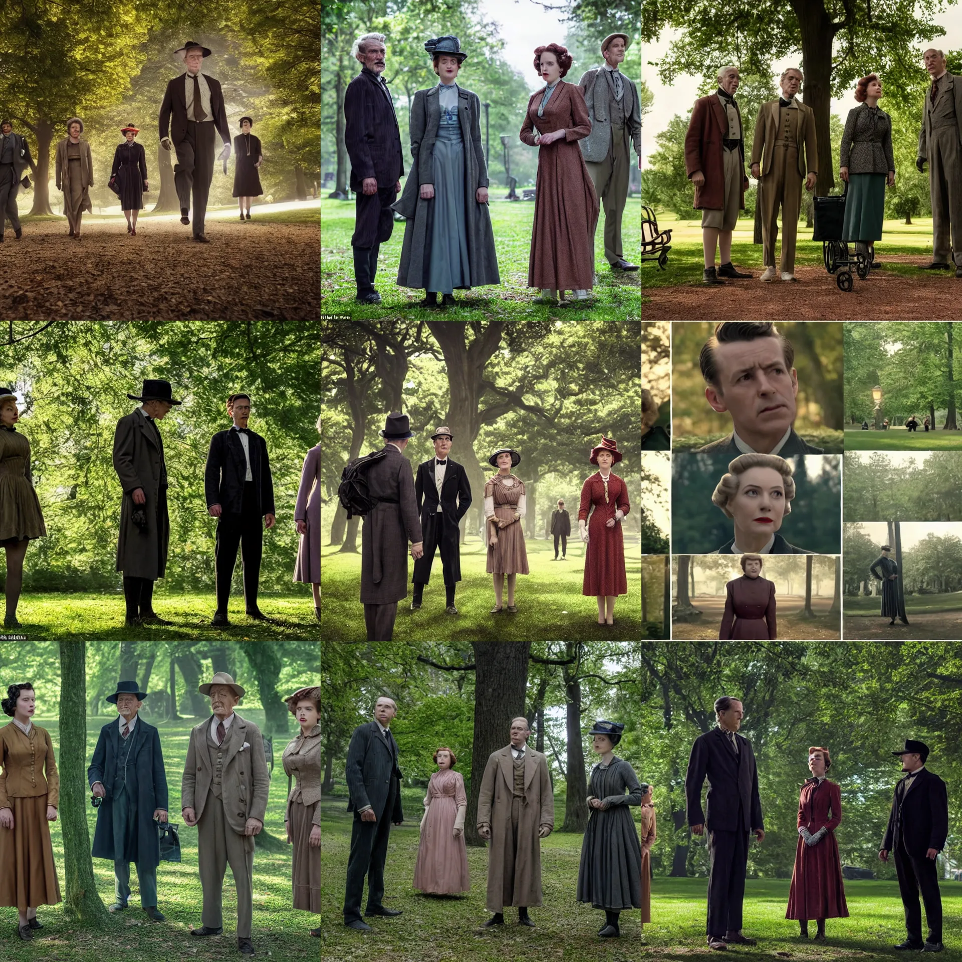 Prompt: sharp, highly detailed, film from a 2 0 1 9 sci fi 8 k movie, two time travelers appear in a park in 2 0 1 9, a man from 1 9 5 0 and a woman from 1 9 0 0, wearing correct era clothes, atmospheric lighting, in focus, reflective eyes, 3 5 mm macro lens, live action, nice composition