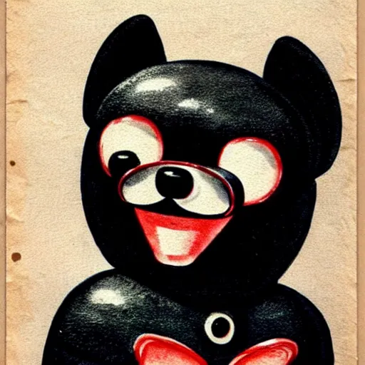 Image similar to a cute retro black pomeranian robot!!!!!! ( ( ( alcohol ink on parchment, muted colors, shading!!!, detailed, textured parchment background, 1 9 5 0 s concept art ) ) )