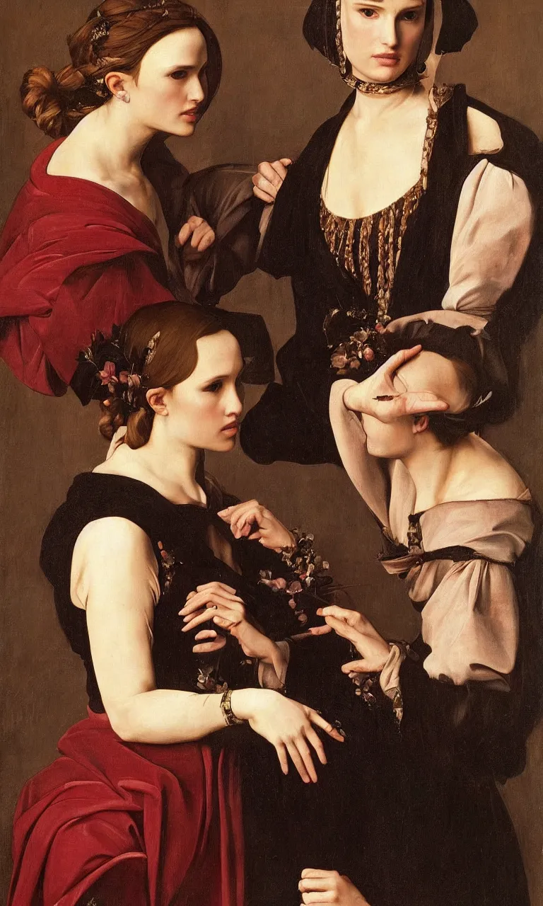 Image similar to a portrait of a Natalie Portman , beautiful clothes, oil painting in a renaissance style , very detailed, painted by Caravaggio.