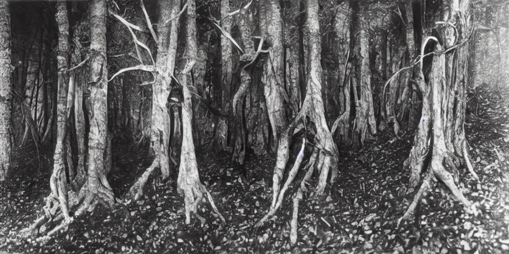 Prompt: 1 9 2 0 s photography of occult humanlike root creatures creeping and lurking in dark forest in the dolomites