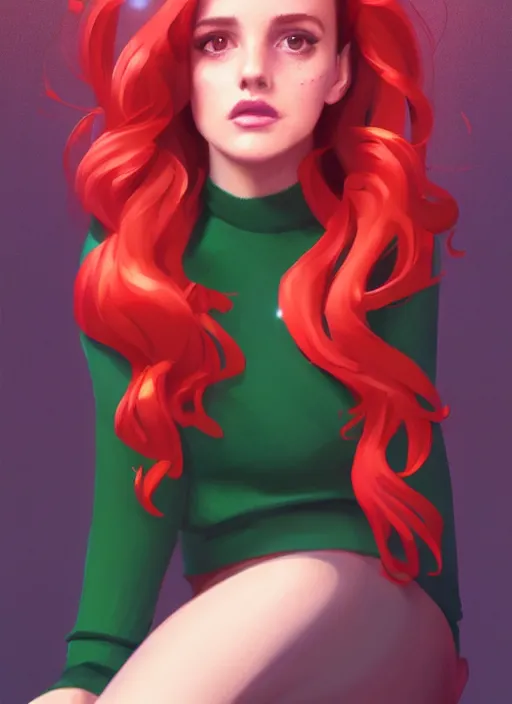 Image similar to full body portrait of teenage cheryl blossom, bangs, green eyes, mischievous expression, red hair, sultry smirk, bangs and wavy hair, intricate, elegant, glowing lights, highly detailed, digital painting, artstation, concept art, smooth, sharp focus, illustration, art by wlop, mars ravelo and greg rutkowski