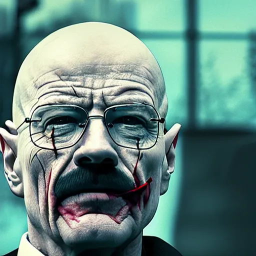 Image similar to walter white as the joker, 8 k, photorealistic, film still