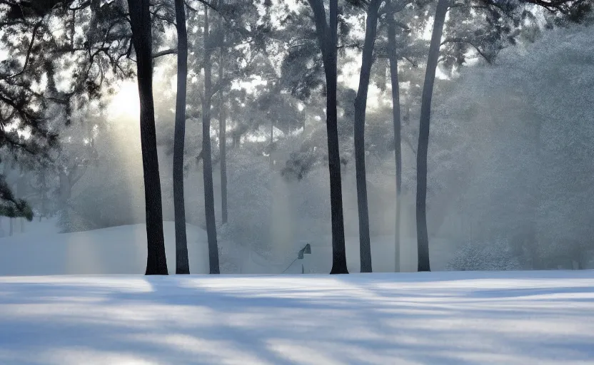 Prompt: augusta national, the masters, but during winter, completely covered in snow, beautiful ambient light, stunning photography, fog, light rays