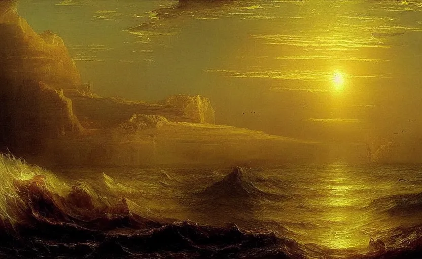 Image similar to a city of light and gold under the ancient runs of the ocean painted by thomas cole