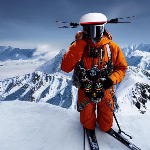 Prompt: skier wearing poe x - wing pilot helmet and a camel poncho, highly detailed, high definition, ultra realistic