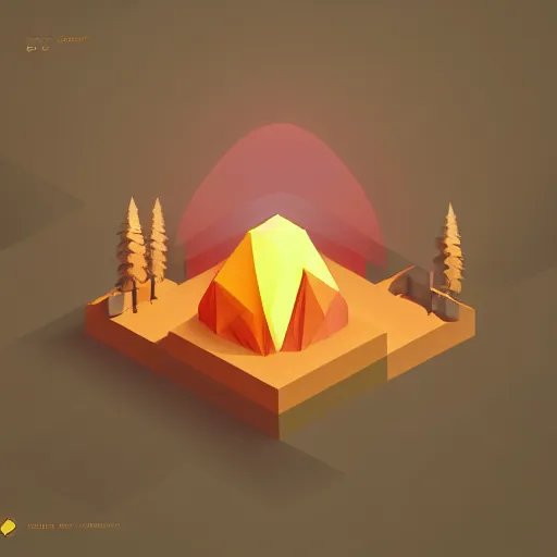 Image similar to isometric vector, low poly, brown cross icon, on the top of a hill, sunset background, cgsociety, volumetric lighting, artstationhq