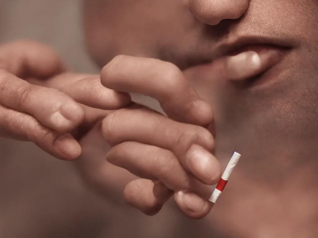 Prompt: Close-up view of hyperrealistic thin soft hand holding cigarette with smoke, by George Marks, hyper realism, 4K