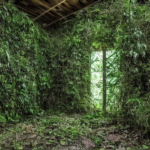 Image similar to abandoned, overgrown, bomb shelter jungle room with trees.
