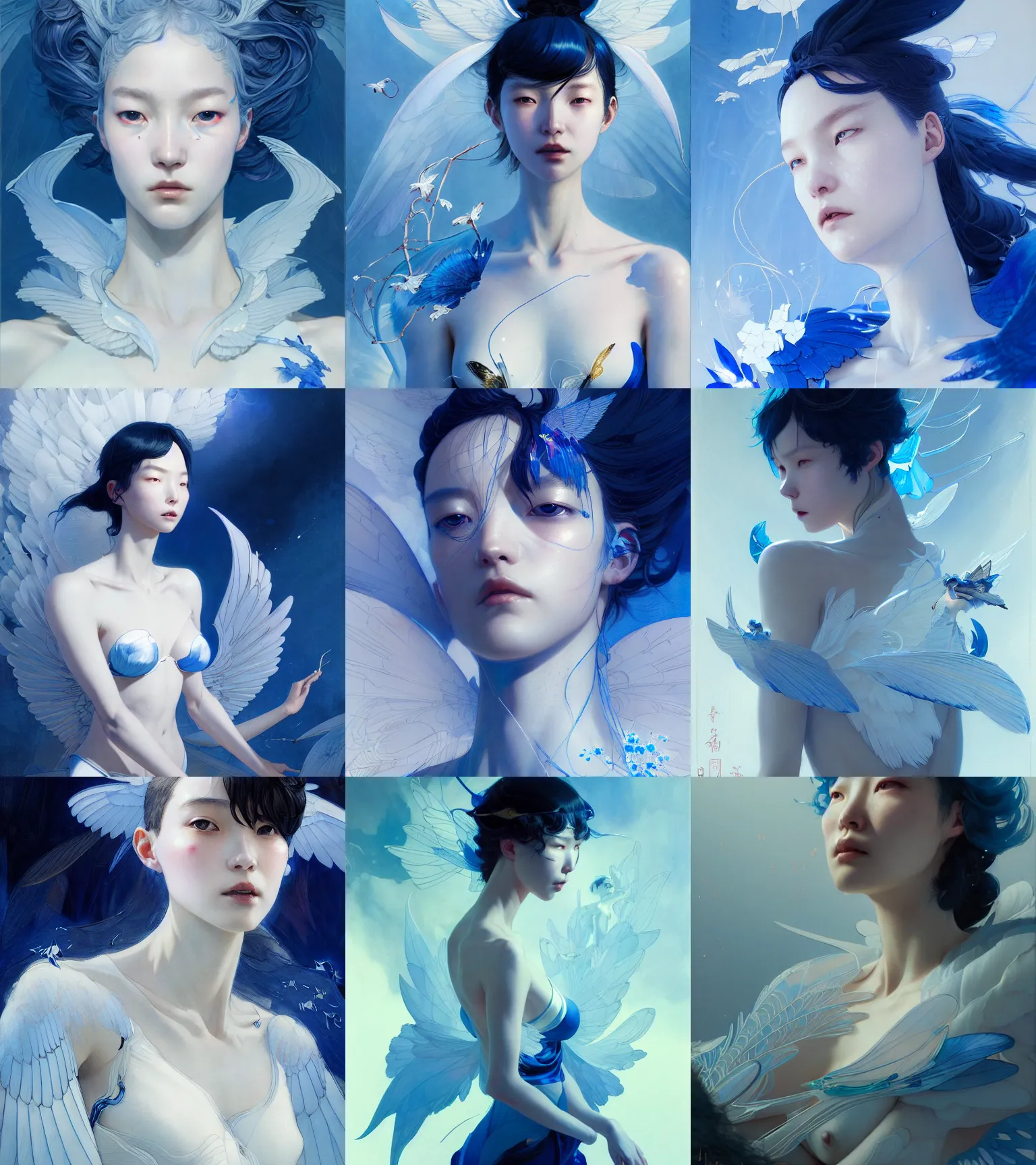 Prompt: character design by james jean, jakub rebelka, tran nguyen, yoann lossel, wadim kashin ( ( ( portrait of hoyeon jung with white wings in a royal blue chic bra ) ) ) emerging from an ethereal dream, sharp edges. ultra clear detailed. 8 k. ultra detailed, majestic, intricate,