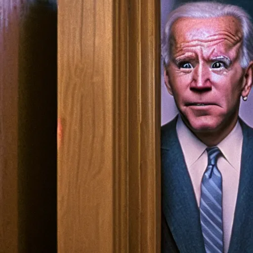 Image similar to the scene from the shining where jack shoves his face through the door but it's joe biden