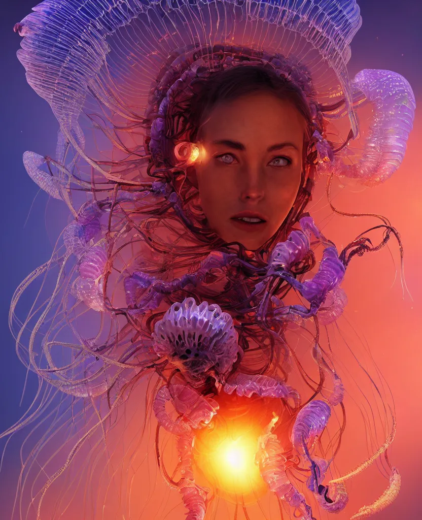 Image similar to close-up portrait of the face of a beautiful princess in a twisted flowers jellyfish mask in a spaceman suit surrounded by energy flow, epic angle and pose, symmetrical artwork, 3d with depth of field, blurred background, floating jellyfish skull phoenix bird, translucent, nautilus, energy flows of water and fire. a highly detailed epic cinematic concept art CG render. made in Maya, Blender and Photoshop, octane render, excellent composition, cinematic dystopian brutalist atmosphere, dynamic dramatic cinematic lighting, aesthetic, very inspirational, arthouse. y Greg Rutkowski, Ilya Kuvshinov, WLOP, Stanley Artgerm Lau, Ruan Jia and Fenghua Zhong