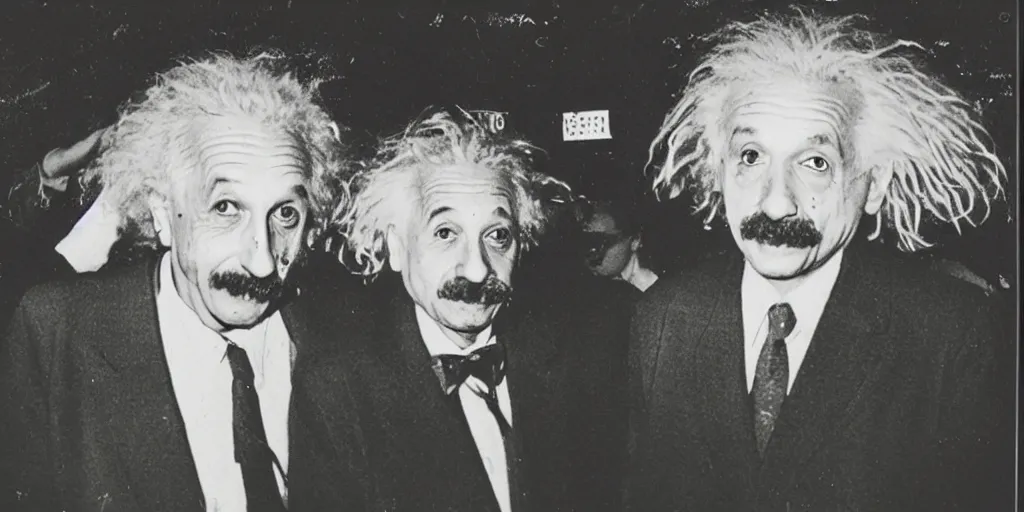 Image similar to old polaroid from 1 9 9 5 depicting albert einstein at a warehouse rave