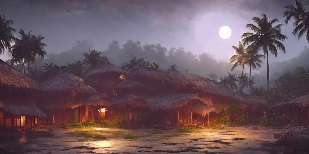 Image similar to moonlit kerala village, sharp focus, trending on ArtStation, masterpiece, by Greg Rutkowski, by Ross Tran, by Fenghua Zhong, octane, soft render, ultrarealistic, colorful, cinematic, horizon forbidden west