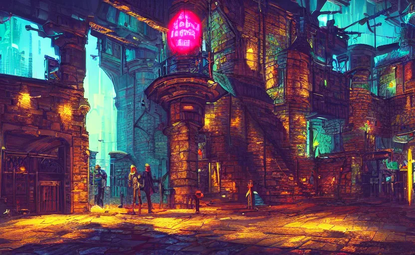 Image similar to a cyberpunk medieval castle, stone brick walls, neon lights, fantasy art, sci - fi, pedestrians