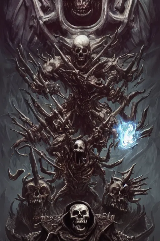 Image similar to death lord stand on skulls, highly detailed, d & d, fantasy, highly detailed, digital painting, trending on artstation, concept art, sharp focus, illustration, global illumination, ray tracing, realistic shaded, art by artgerm and greg rutkowski and fuji choko and viktoria gavrilenko and hoang lap,