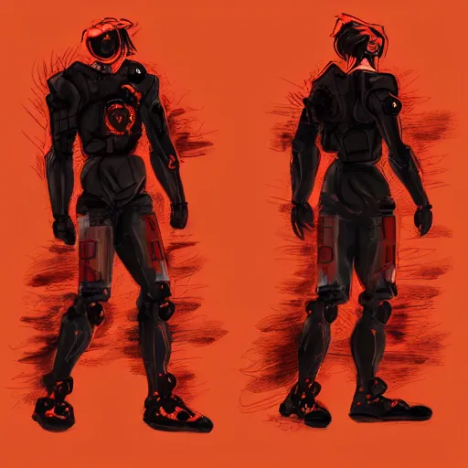 Prompt: Character design body made of fire, body with black and red lava, mecha humanoid with cyberpunk bomber jacket, concept art character, royalty, smooth, sharp focus, organic, appealing, deep shadows, sketch line art for character design