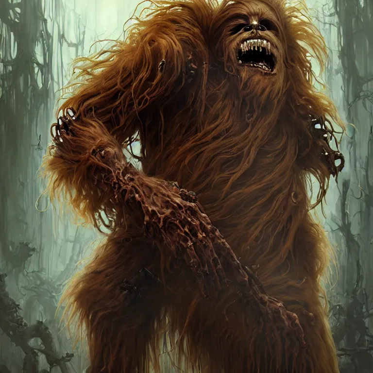 Prompt: scary horrific zombie chewbacca and rotting wookies, dark star wars fantasy, body horror, sores and scars, undead. highly detailed, biopunk, digital painting, by greg rutkowski, artgerm, giger and alphonse mucha