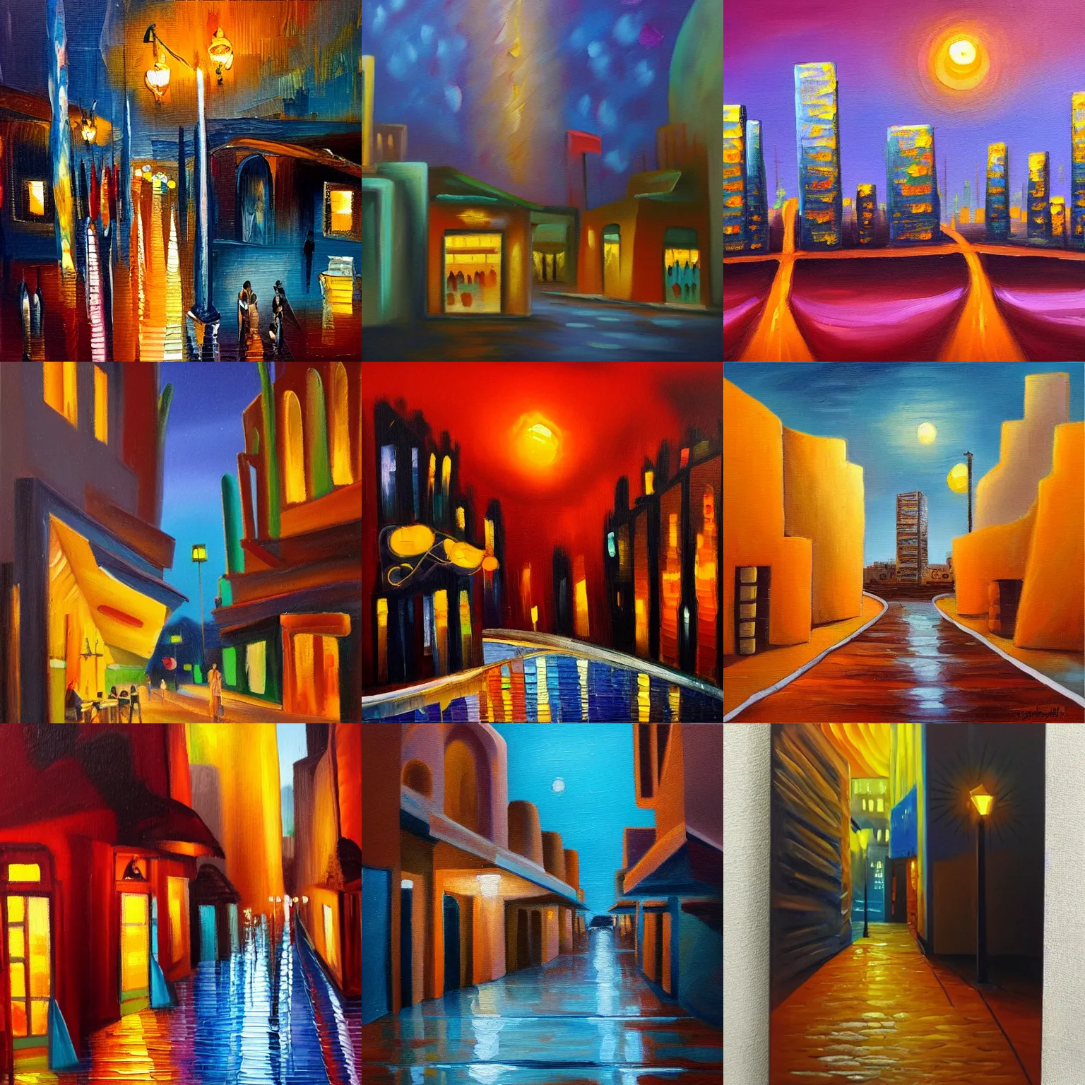 Prompt: desert dreamy city by night, oil painting