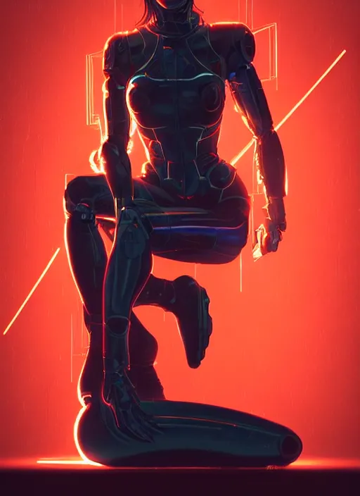 Prompt: a beautiful girl sitting on a stool in a dark room with laser light, cyborg, leotard, cyberpunk, art nouveau, dynamic lighting, high detail, concept art, artstation, by Paolo Eleuteri Serpieri