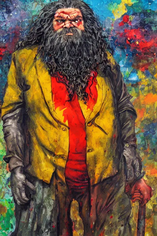 Image similar to surreal a hulking herculean hagrid in a post apocalyptic hellscape, esoteric symbolism, intense emotional power, red yellow black, palette knife oil painting by peter booth and william blake