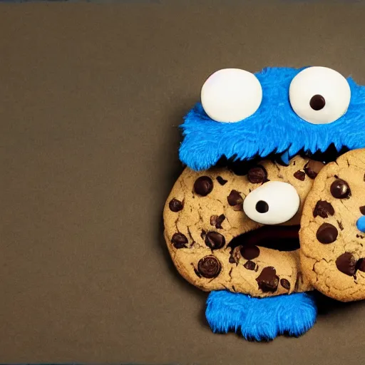 Prompt: photo of cookie monster wearing a tourniquet with a needle sticking out of his arms, with his tongue sticking out, crossed eyes and cookies all over the ground