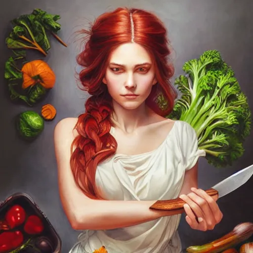 Prompt: a beautiful painting of a gorgeous young mother with auburn side braid draped over her shoulder and pretty hazel eyes, standing in front of weathered cutting board, representative of the art style of artgerm and wlop and peter mohrbacher, holding knife and chopping vegetables