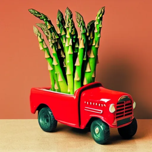 Image similar to image of an asparagus in a flowerpot driving a red tractor in outer space.