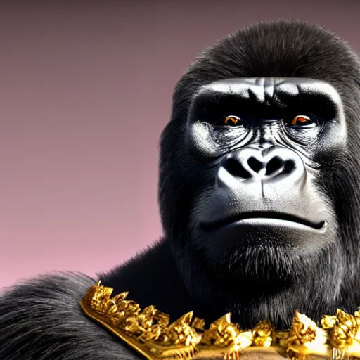 Prompt: A full shot portrait painting of a gorilla king in his royal robe sitting on a throne inside a palace. Unreal Engine 5. DAZ. Octane render. Symmetrical. Attention to detail. Vibrant bright colours. High saturation. Extremely moody lighting. Atmospheric. Cinematic. Intricate. 8K. Stunning. Breathtaking. Awe-inspiring. Award-winning. Concept art. Trending. ArtStation