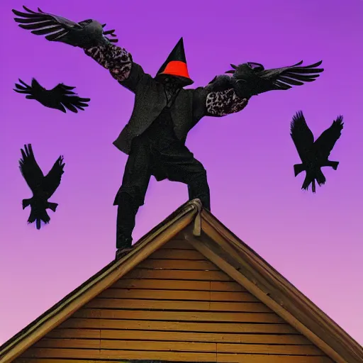 Image similar to A clown on the roof of the church playing with crows, futurist, digital art, dramatic lighting, symbolic