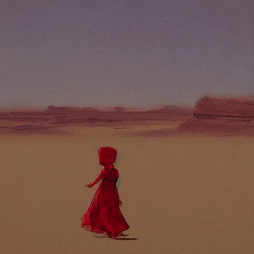 Image similar to a little girl with a red dress walking on the desert geog darrow greg rutkowski