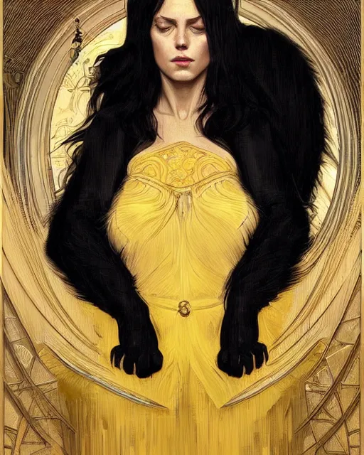 Prompt: Portrait of a giant black cat with yellow eyes and a sleeping blonde lady in Lisbon, real life skin, intricate, elegant, highly detailed, artstation, concept art, smooth, sharp focus, art by artgerm and greg rutkowski and alphonse mucha