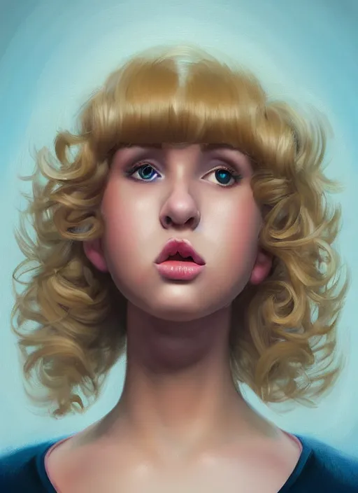 Image similar to full body portrait, teenage betty cooper, blonde hair, obese, bangs, ponytail, sultry, realistic, sultry smirk, fluffy bangs, curly bangs, fat, belly, beautiful girl, intricate, elegant, highly detailed, digital painting, artstation, concept art, smooth, sharp focus, illustration, art by wlop, mars ravelo and greg rutkowski