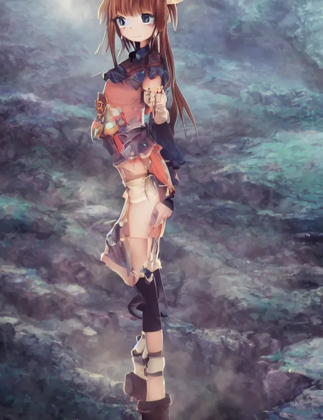 Image similar to scenic wide angle portrait of a girl in a coal mine, a cute outfit, somewhat of an anime in fantasy style, trending artwork, made with anime painter studio, by anato finstark, tony sart and an anime artist, collaboration