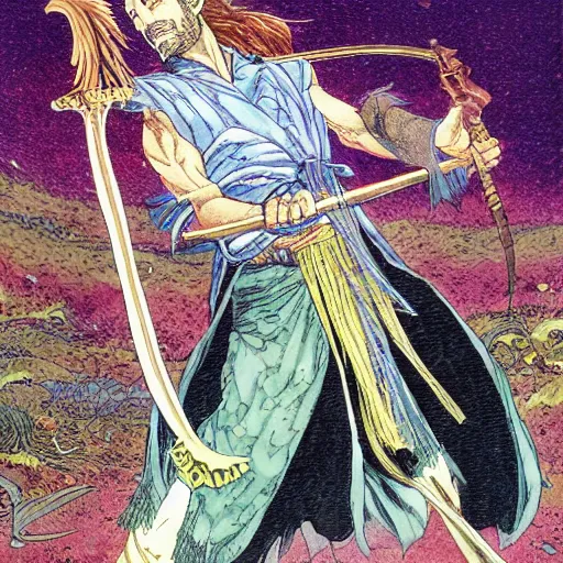 Image similar to Frank Zappa golden Vagabond magic swordsman glides through a beautiful battlefield magic the gathering dramatic esoteric pen and ink illustrated in high detail by Hiroya Oku, Moebius, and Tatsuki Fujimoto shonen jump 2002