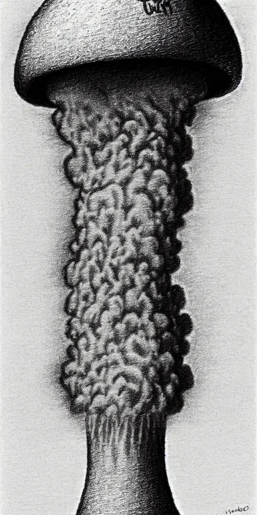 Image similar to vladimir putin wearing a nuclear mushroom cloud for a hat, cartoonish, ultra detailed pencil drawing, medium perspective