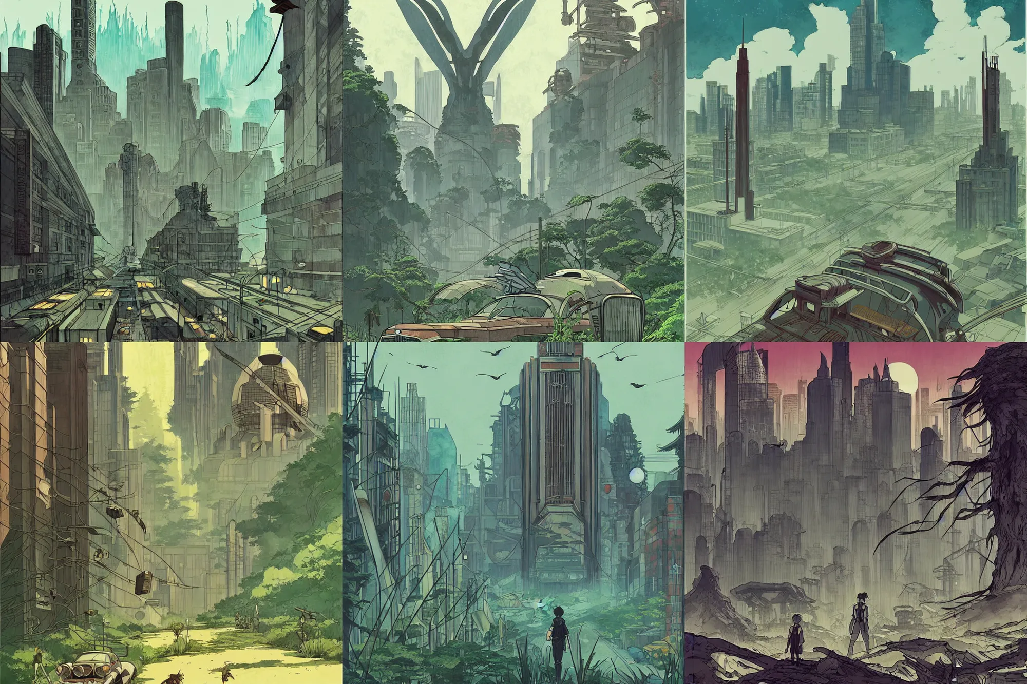 Prompt: post-apocalyptic detroit, Art Deco nature, fantasy, elegant, sharp focus, art by Studio Ghibli