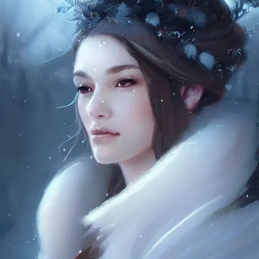 Image similar to a beautiful portrait of an winter goddess with ice hair by Greg Rutkowski and Raymond Swanland, snowflakes falling, Trending on Artstation, ultra realistic digital art