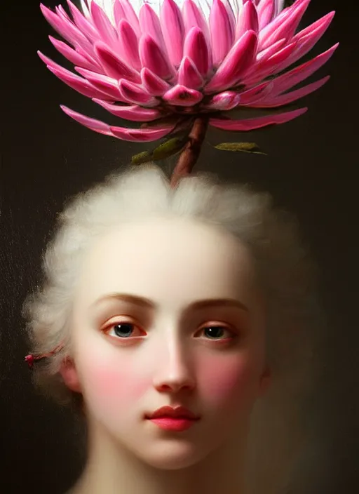 Image similar to stunning canadian godess princess, detailed pink and white protea head peace against a black backdrop by ivan aivazovsky, wlop, super sharp details, photorealism, 5 0 mm lens, oil painting, beautiful soft lighting, muted colours, artstation