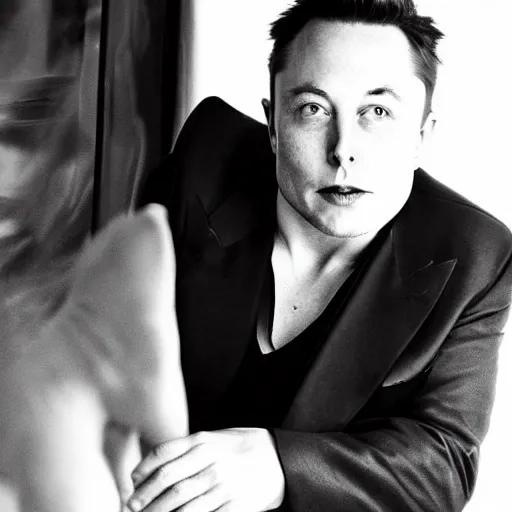 Image similar to a glamorous black and white portrait of elon musk with a hat, in the style of helmut newton