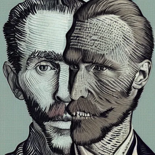 Image similar to portrait mash - up between mc escher and vincent van gogh