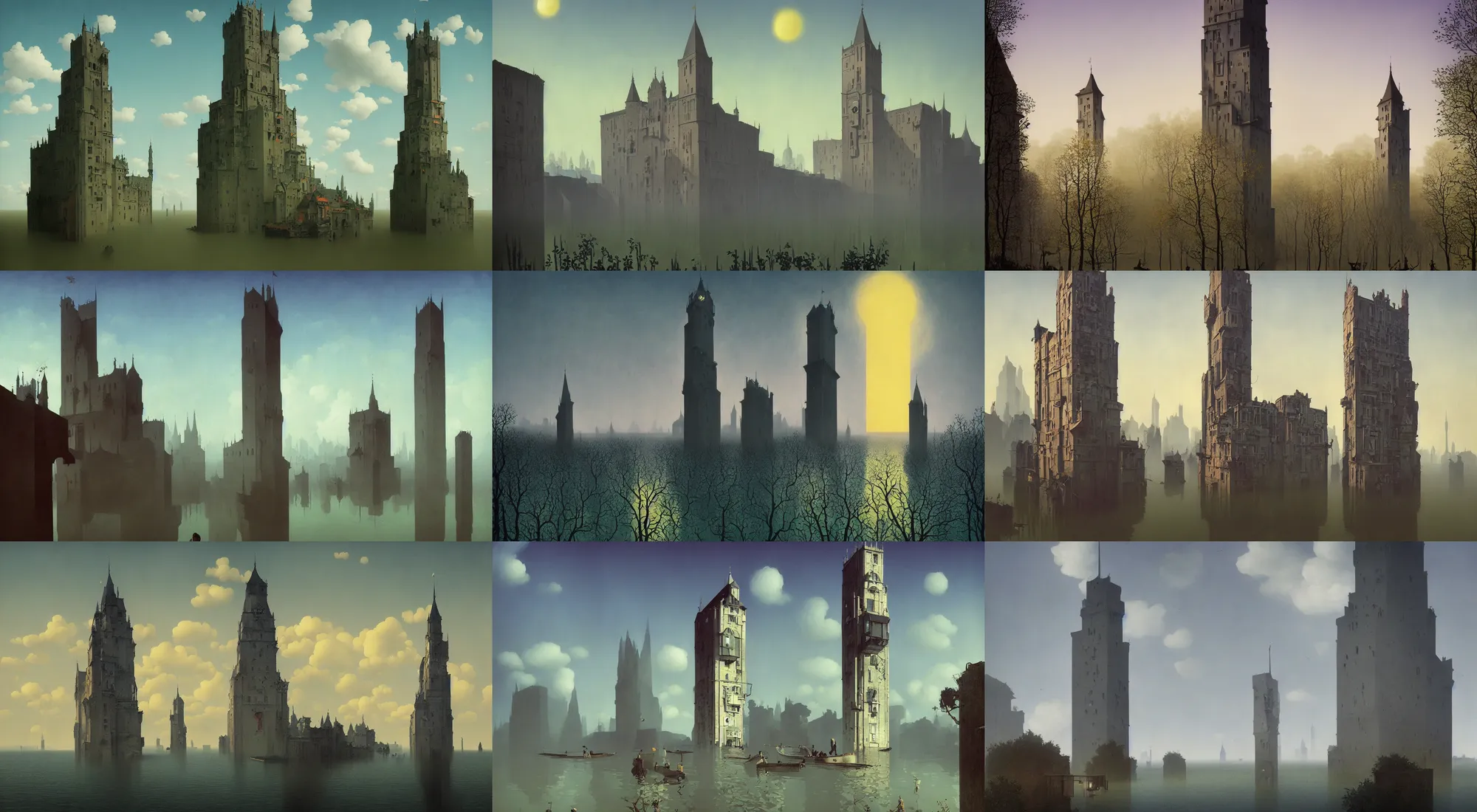 Prompt: flooded tower, a high contrast!! minimalist!! ultradetailed photorealistic painting by rene magritte simon stalenhag carl spitzweg jim burns, dark shadows, sunny day, full - length view, vibrant colors, symmetry, great composition, high detail, cinematic lighting, award winning masterpiece, trending on artstation