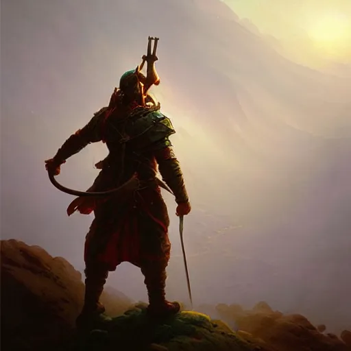 Image similar to a human with ancient sword who can kill gods is going to kill the viking god on a blizzard hills made by ivan aivazovsky, peter mohrbacher, greg rutkowski volumetric light effect broad light oil painting painting fantasy art style sci - fi art style realism premium prints available artwork unreal engine