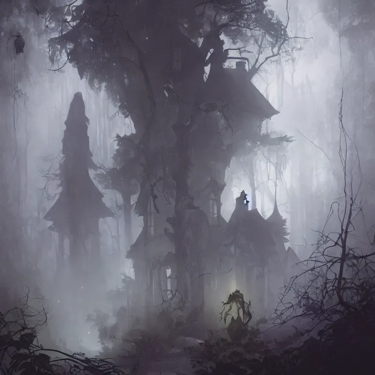 Image similar to a lone figure standing in front of a haunted victorian house in a dense dark forest, concept art, by Peter Mohrbacher and Alphonse Mucha, detailed, style, 8k, trending on artstation, unreal engine 4k, detailed, clean background trending, full shot, symmetrical portrait, sophisticated, Unreal engine, dystopia, anti-utopia, post processing, psychadelic