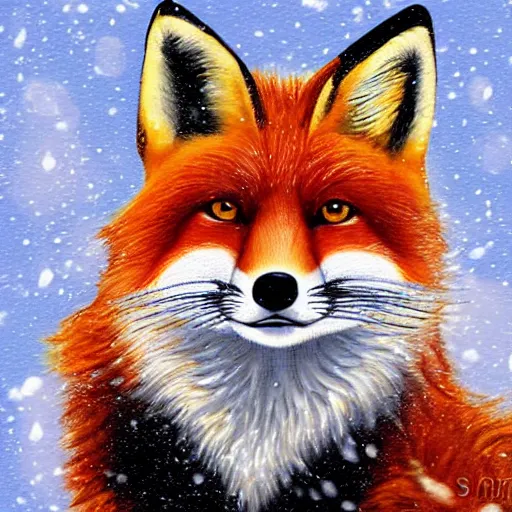 Image similar to a fantasy artwork of a red fox in the snow during a blizzard