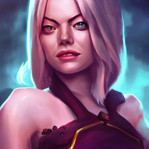 Image similar to emma stone portrait, arcane : league of legends, concept portrait, riot, game, detailed expression, high quality, cinematic lighting, fantasy, reflective, spotlight, digital artwork